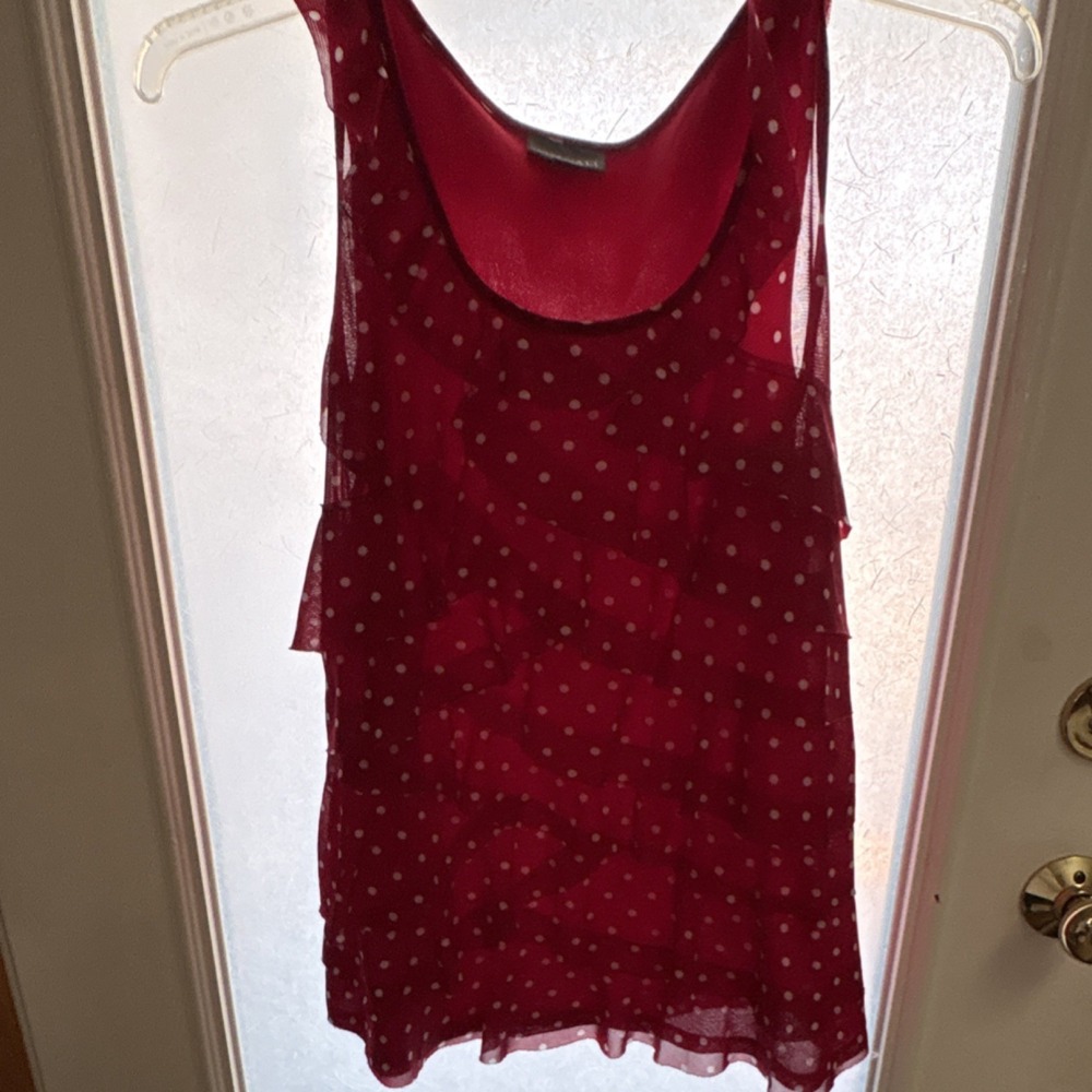 Roz & Ali XL Red White Polka Dot Ruffle Chiffon Sleeveless Blouse Women Regular